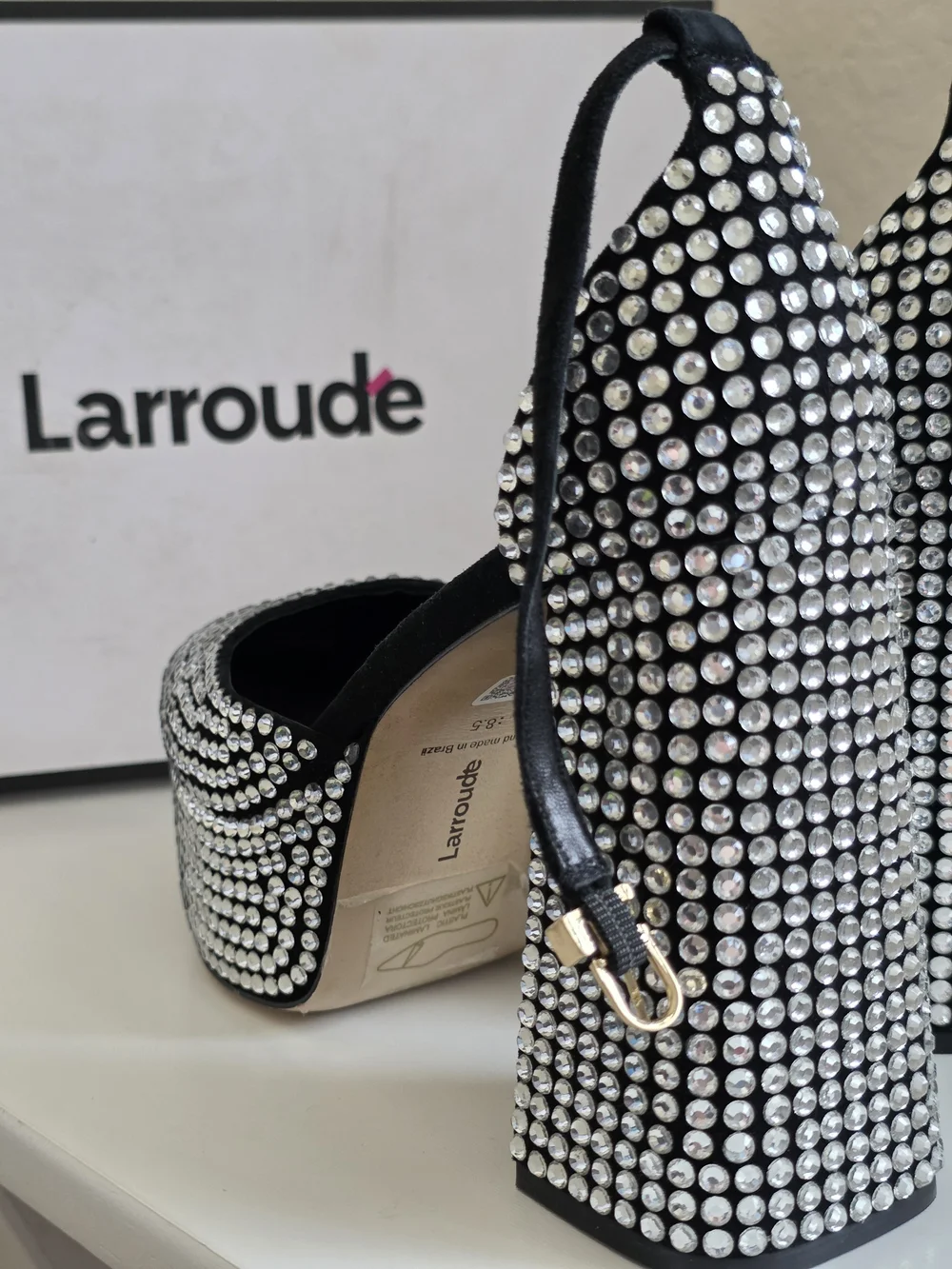 LARROUDE Women's Ari Crystal Pump Black Platform Block Heel Leather Size 8.5